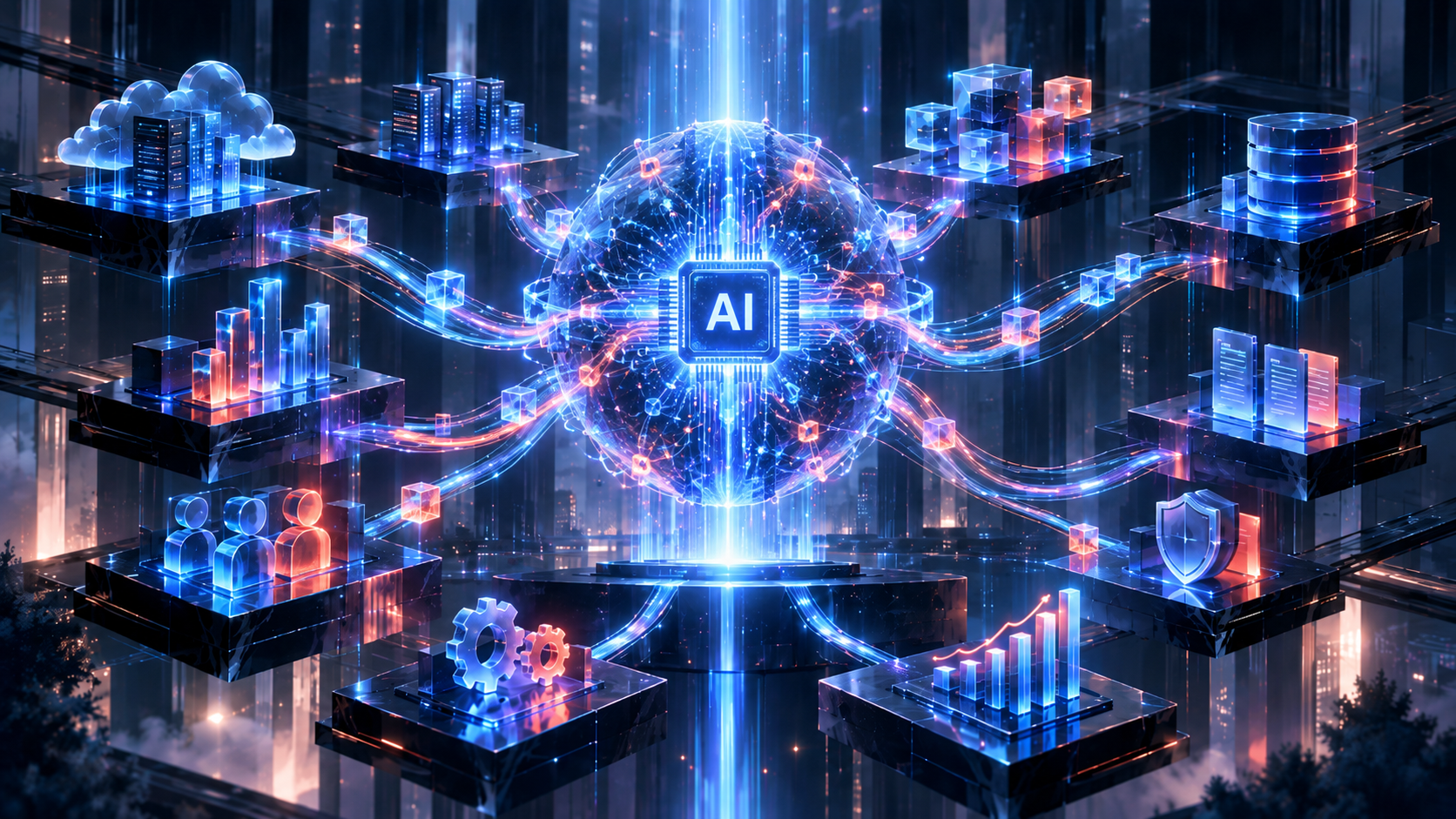 Ilustración Premium Tech de inteligencia artificial empresarial con un chip de IA central, que representa la evolución de Innovain hacia la inteligencia artificial aplicada al negocio.