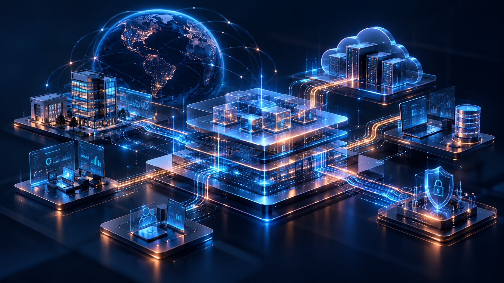 Ilustración Premium Tech de ingeniería de software empresarial, desarrollo .NET y sistemas de negocio conectados.